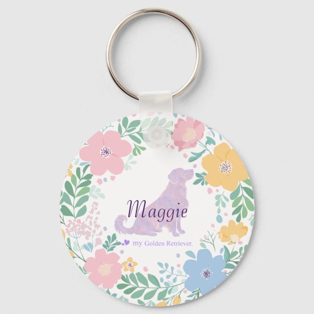 Chaveiro Lavender Golden Retriever Silhouette Wreath Photo (Frente)