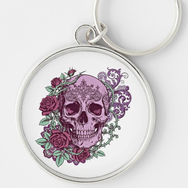 Chaveiro Lavender Skull With Roses Goth Design (Frente)