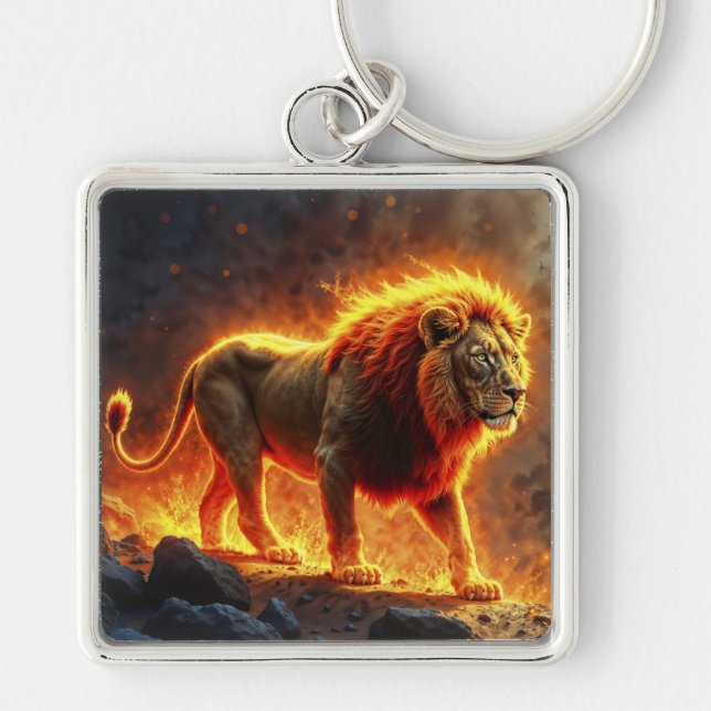 Chaveiro Leão de chamas queimando arte de fantasia de fogo  (Frente)