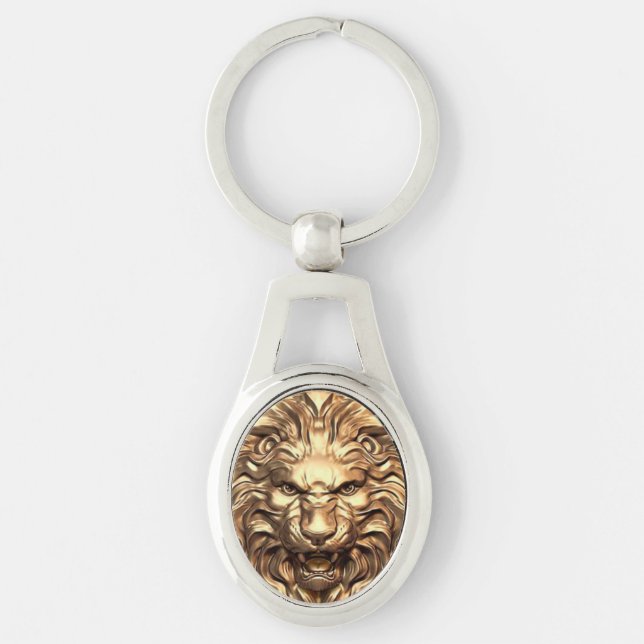 Chaveiro Leão de Ouro Rugindo Cabeça Pulseira de Metal (Frente)