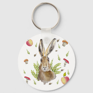 Chaveiro Lebre branca com fundo de maçãs e cogumelos