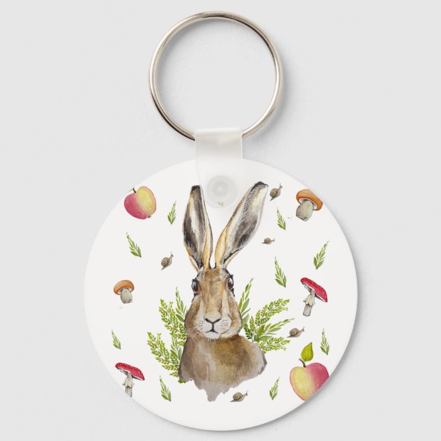 Chaveiro Lebre branca com fundo de maçãs e cogumelos (Frente)