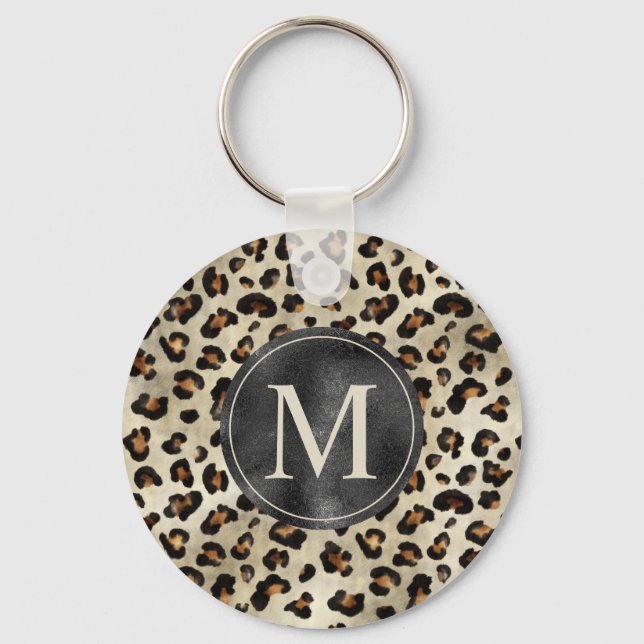 Chaveiro Leopard Animal Print With Black Faux Foil Monogram (Frente)