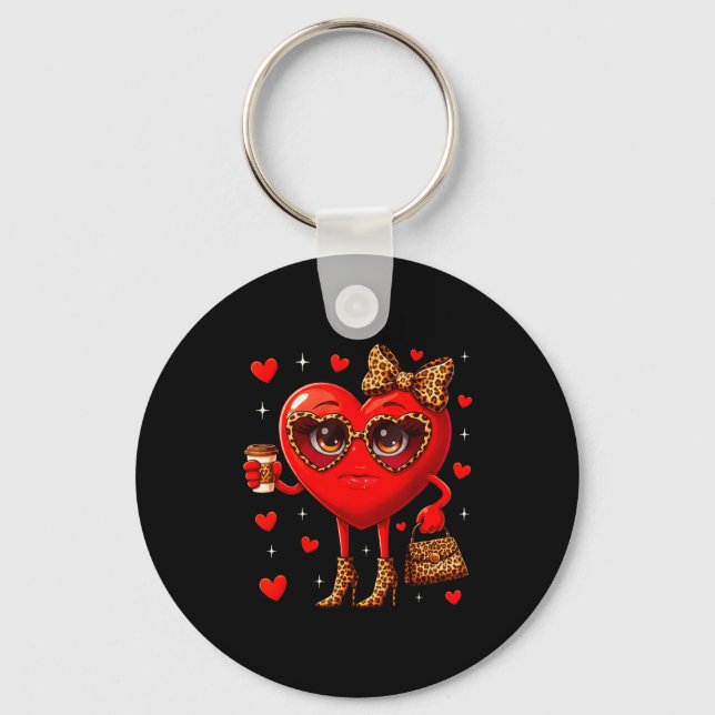Chaveiro Leopard Heart Drinking Coffee Valentines Day Women (Frente)