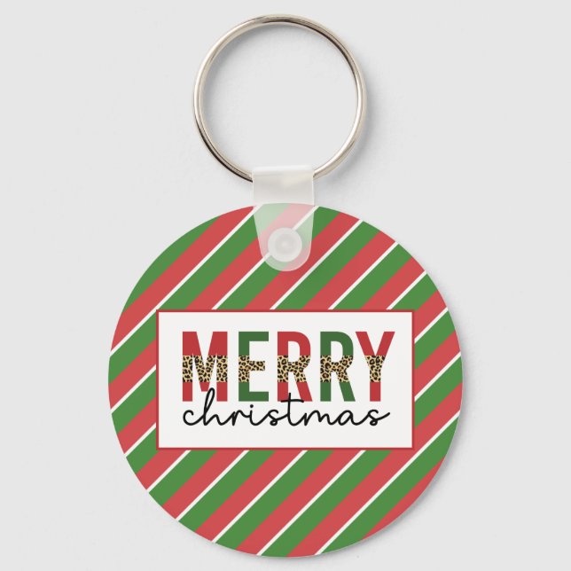 Chaveiro Leopardo do Natal Moderno Imprime Greve Verde Verm (Frente)