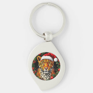 Chaveiro Leopardo Festivo Usando Chapéu de Papai Noel