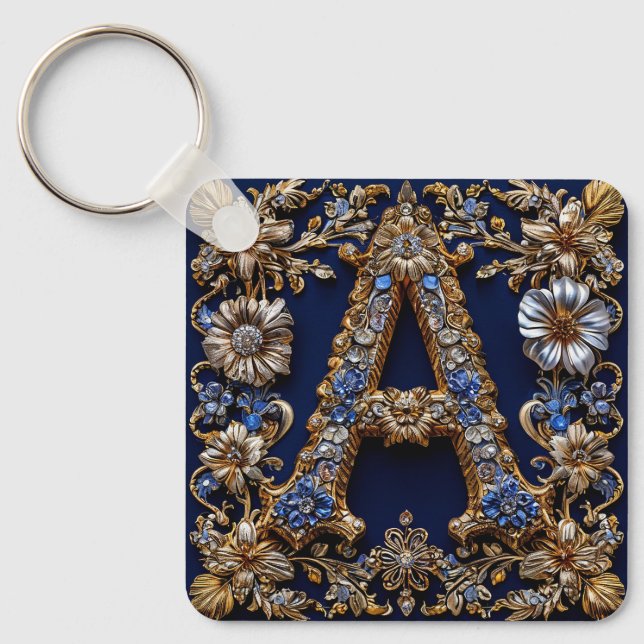Chaveiro Letra "A" Dourada Elegante Com Decoração Floral Or (Frente)