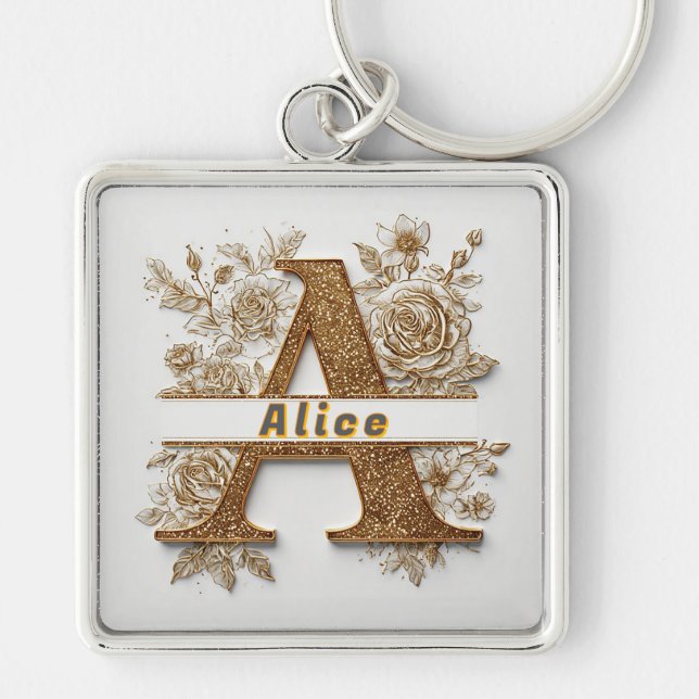 Chaveiro Letra A Dourada Elegante com Flores Delicadas (Frente)