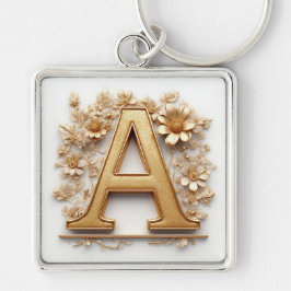 Chaveiro Letra A Dourada Elegante com Flores Delicadas