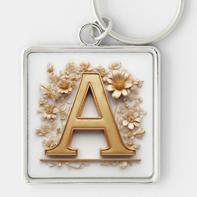 Chaveiro Letra A Dourada Elegante com Flores Delicadas (Frente)