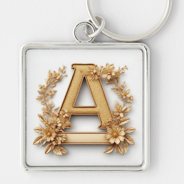 Chaveiro Letra A Dourada Elegante com Flores Delicadas (Frente)