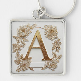 Chaveiro Letra A Dourada Elegante com Flores Delicadas
