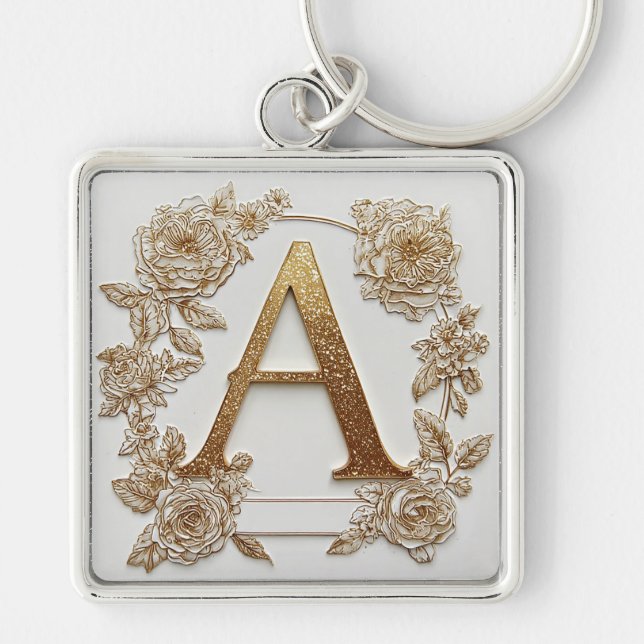 Chaveiro Letra A Dourada Elegante com Flores Delicadas (Frente)