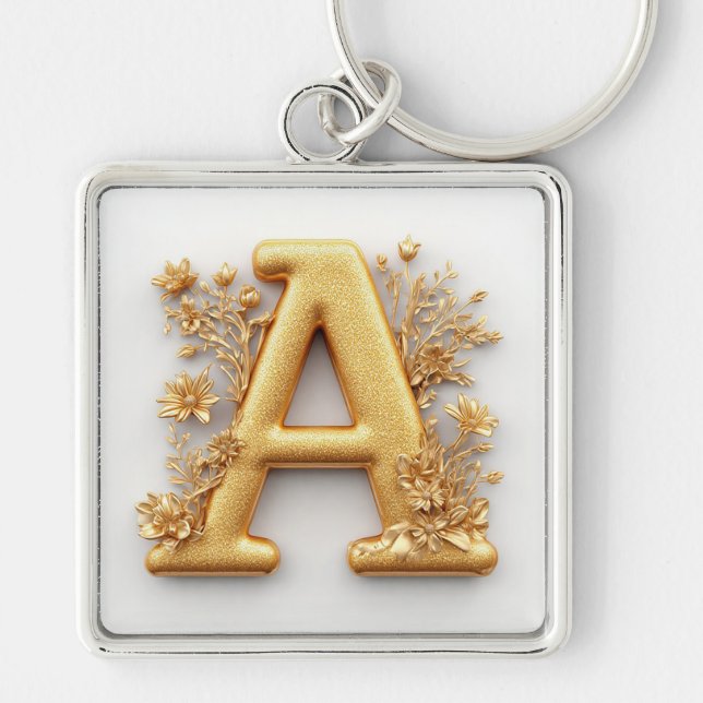 Chaveiro Letra A Dourada Elegante com Flores Delicadas (Frente)