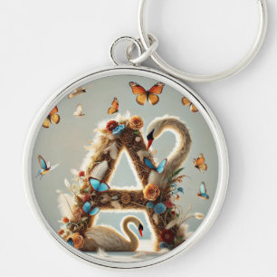 Chaveiro Letra A Elegante com Design Floral e Cisne