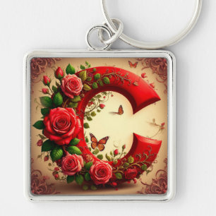 Chaveiro Letra C Vermelha Elegante por Rosas e Borboleta