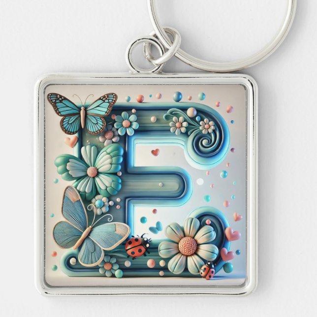Chaveiro Letra E Floral Elegante com Borboletas (Frente)