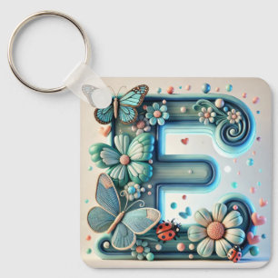 Chaveiro Letra E Floral Elegante com Borboletas
