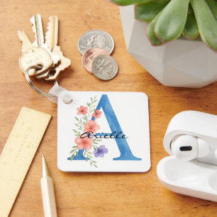 Chaveiro Letra floral A personalizada com aquarela monogram