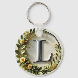 Chaveiro Letra L Metálica Elegante Decorada com Flor Amarel