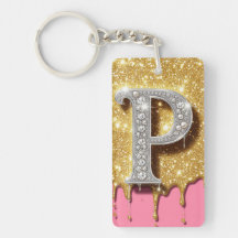 Letra P Monograma Dourado com Diamante Rosa Presen