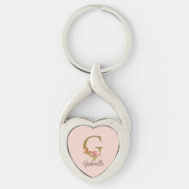 Chaveiro Letra Personalizada G Dourado Folha Rosa Bege Rosa