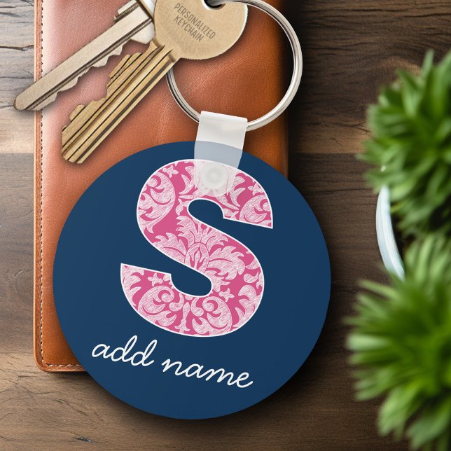 Chaveiro Letra S Monograma com Padrão Damasko Rosa Quente e (Personalized Keychain - Modern Monogram)