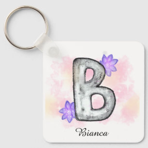 Chaveiro Letra Watercolor B com Flores Roxas