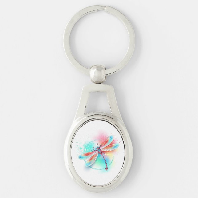 Chaveiro libélula vermelha sobre fundo de aquarela (Frente)