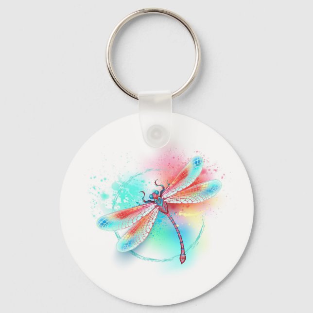 Chaveiro libélula vermelha sobre fundo de aquarela (Frente)