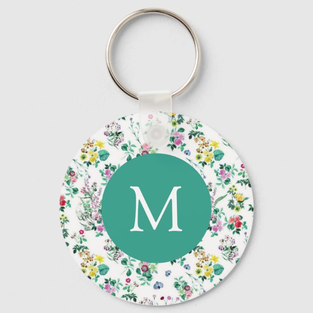 Chaveiro Light Floral Pattern Teal Monogram (Frente)