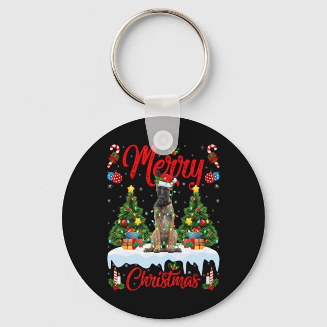 Chaveiro Lights Xmas Tree Santa Belgian Malinois Dog Christ (Frente)