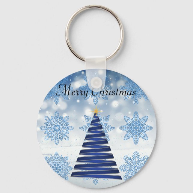 Chaveiro Linda árvore azul de Natal, floco de neve (Frente)