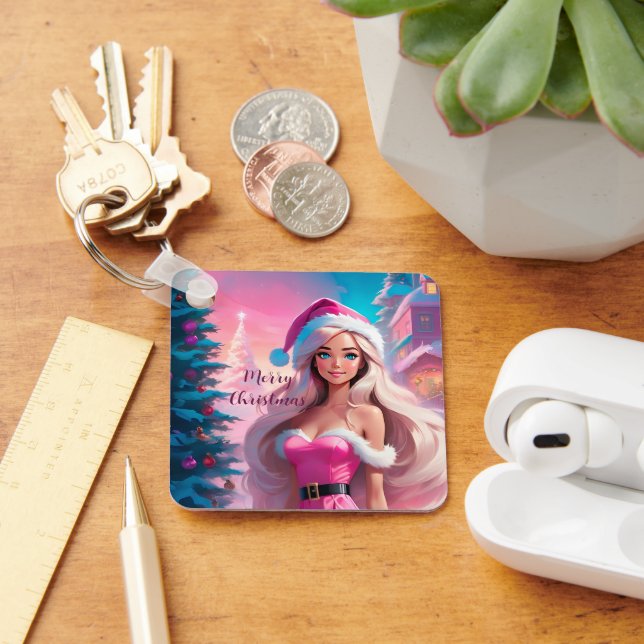 Chaveiro Linda garota de Natal rosa 01 (Mesa)