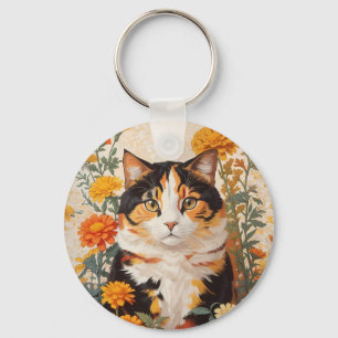 Chaveiro Linda Gato Calico Com Flores Marigold