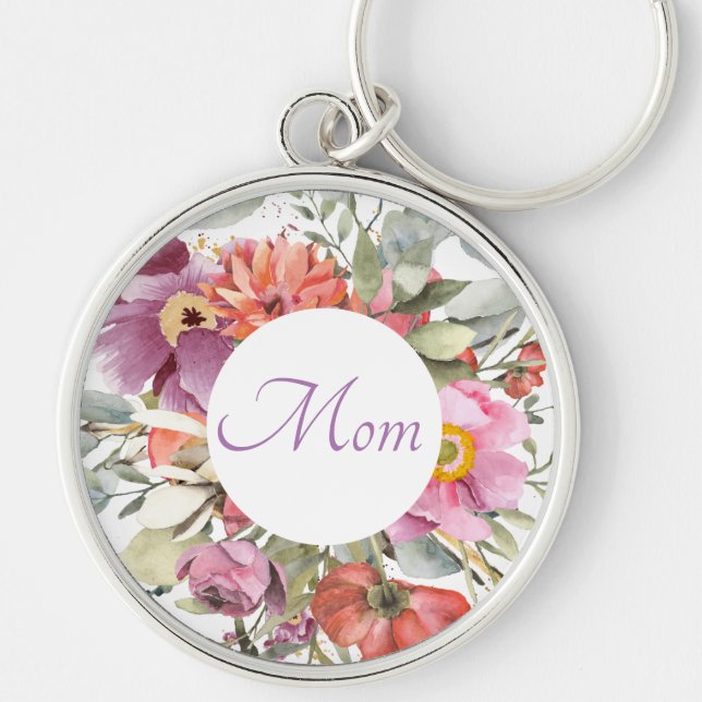 Chaveiro Linda Moldura Floral Rosa em Branco | Mãe (Frente)