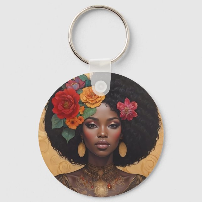 Chaveiro Linda Mulher Afro-Americana Com Flores (Frente)