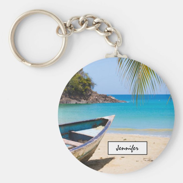 Chaveiro Linda praia tropical com um barco a remo (Frente)