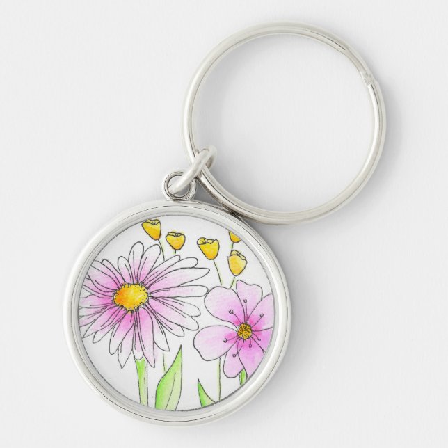 Chaveiro Lindas Flores Rosa e Amarelo em Aquarela (Frente)