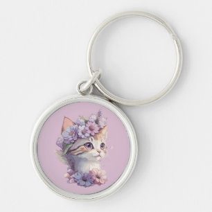 Chaveiro Lindo Gato Violeta Aquarela com Flora