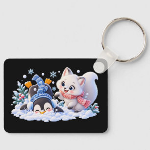 Chaveiro Lindo Inverno Raposa Ártica e Pinguim Brincando na