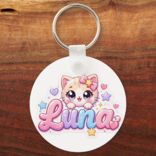 Chaveiro Lindo Nome de Gato Kawaii Luna Rosa Pastel Brilhan