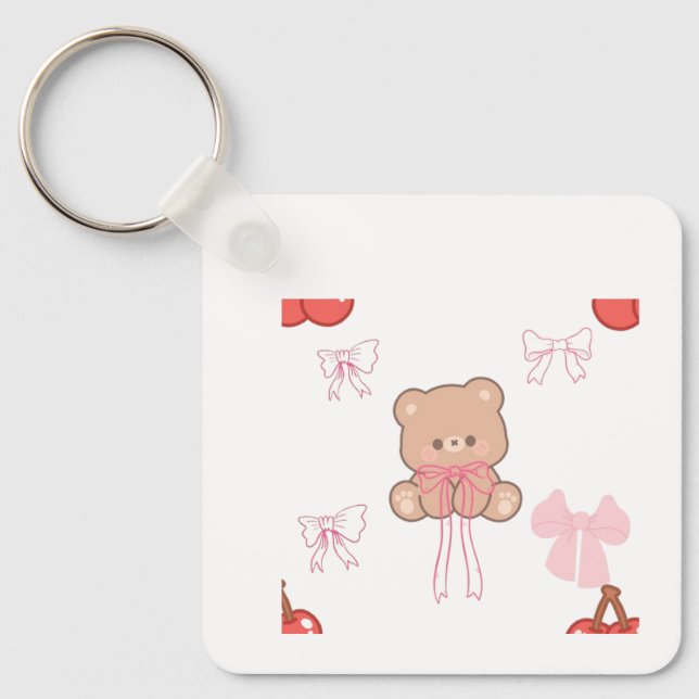 Chaveiro Lindo Urso de Pelúcia Rosa com Laço Coquette Estét (Frente)