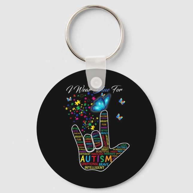 Chaveiro Linguagem de Sinal de Amor Mão Eu Visto Azul Para  (Frente)