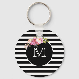 Chaveiro Listras preto e branco monograma com flores