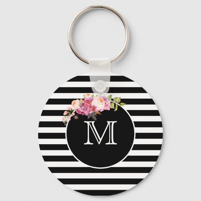 Chaveiro Listras preto e branco monograma com flores (Frente)