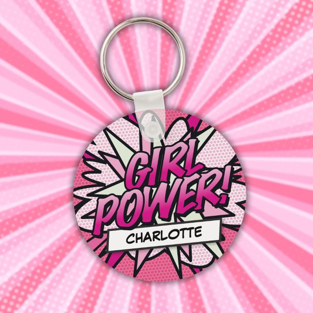 Chaveiro Livro de Quadrinhos Personalizado PODER DA MENINA  (Personalized GIRL POWER Comic Book Pink Keychain)