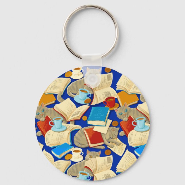 Chaveiro Livros e gatos em azul (Frente)