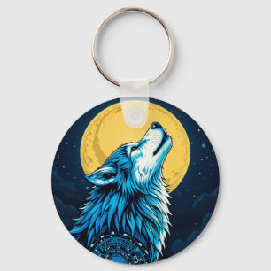 Chaveiro Lobo Azul Místico Uivando para uma Lua Cheia