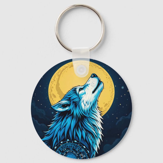 Chaveiro Lobo Azul Místico Uivando para uma Lua Cheia (Frente)